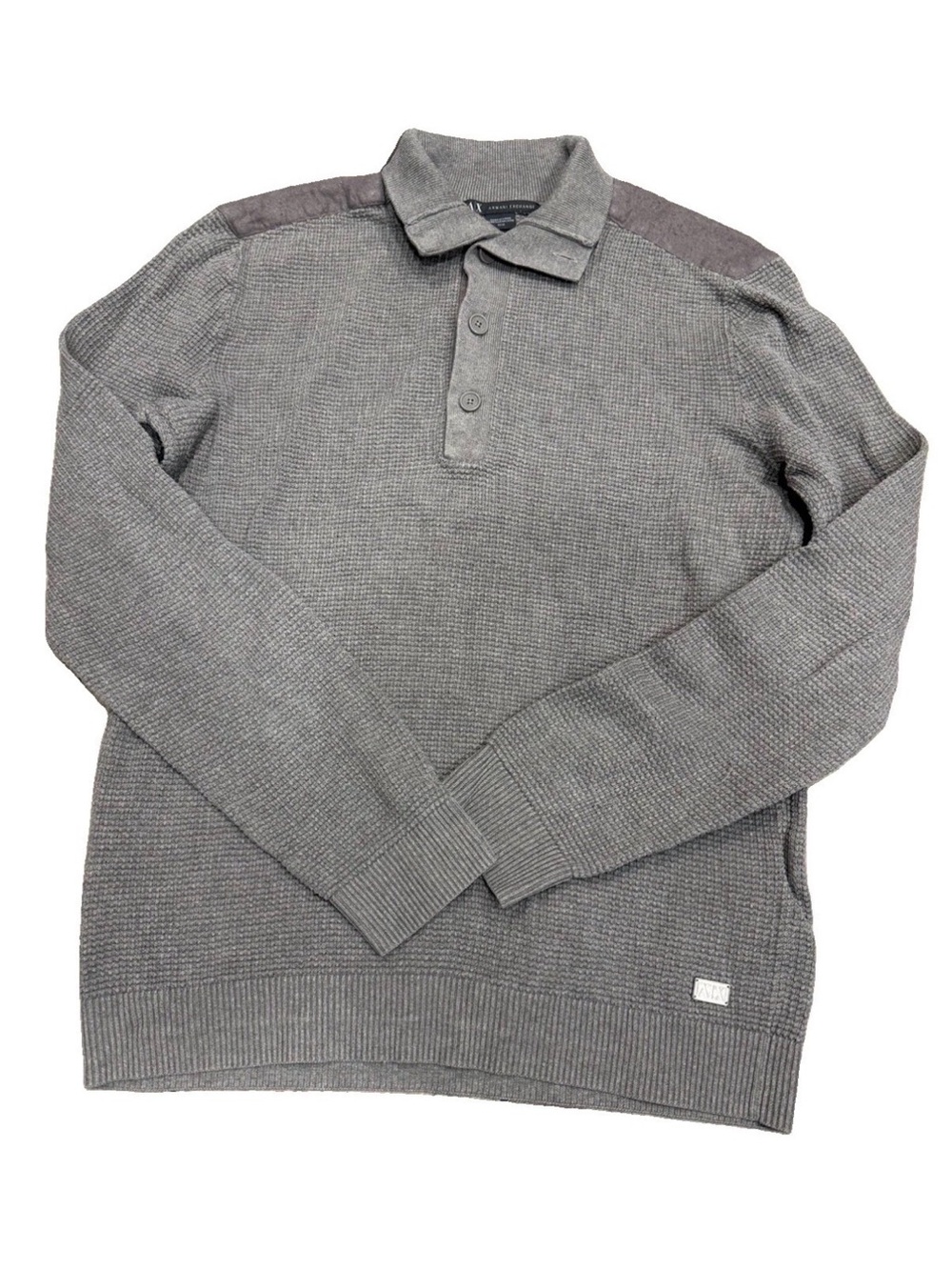 A|X Armani Exchange Men’s M Grey Waffle Knit Button Polo Sweater Long Sleeve